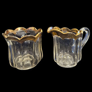Vintage Gold Trim Glass Creamer Sugar Bowl Set Scalloped Depression Style